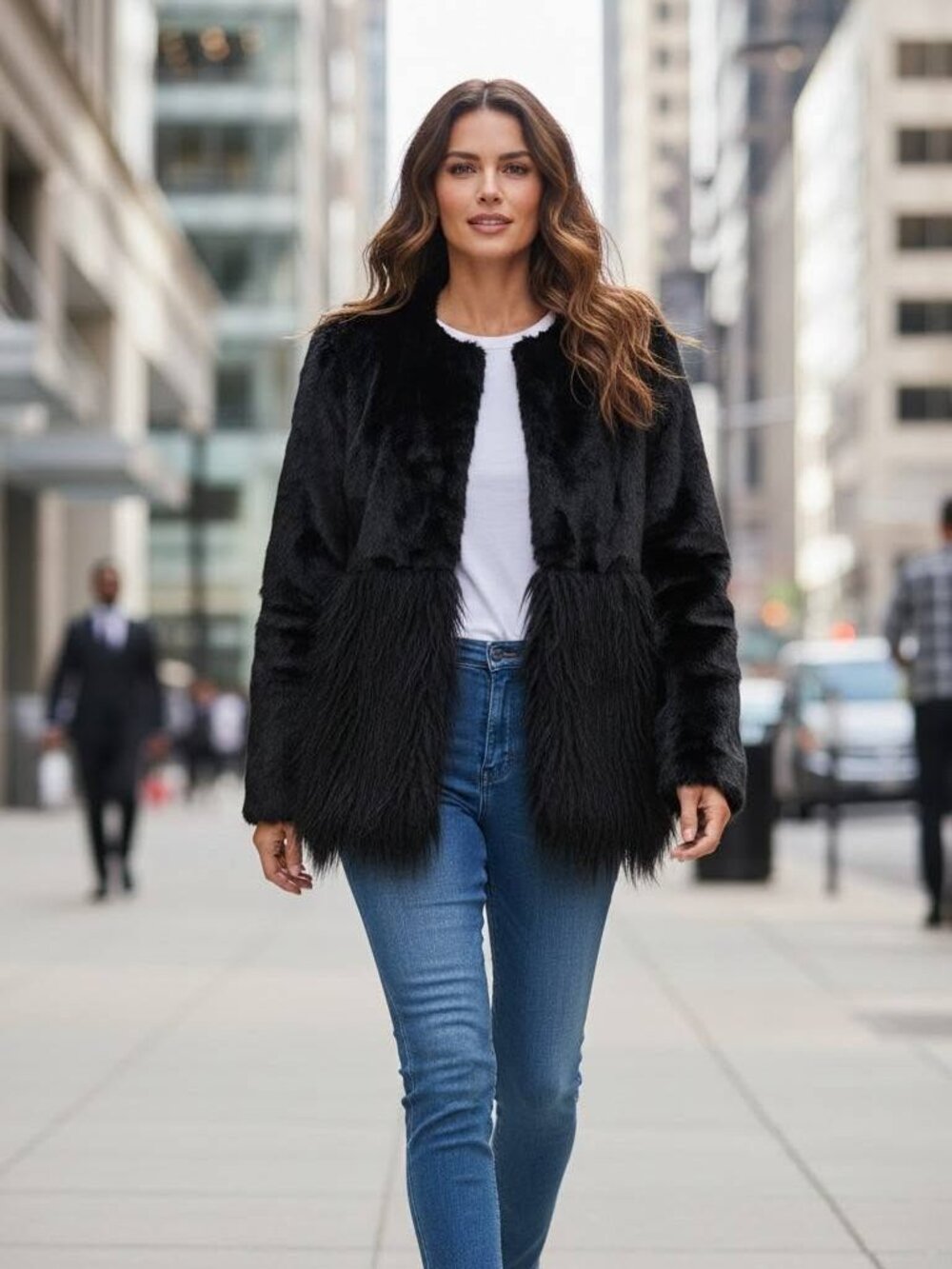 Donna Salyers Fabulous Furs Black Faux Fur Shaggy Jacket Women's Large